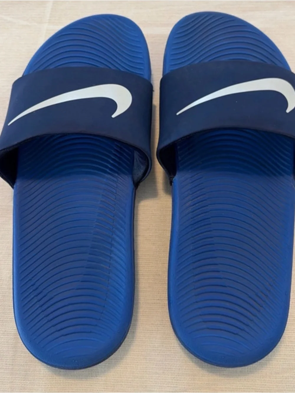 Nike Kids Blue Footbed Black Strap Slides with White Swoosh